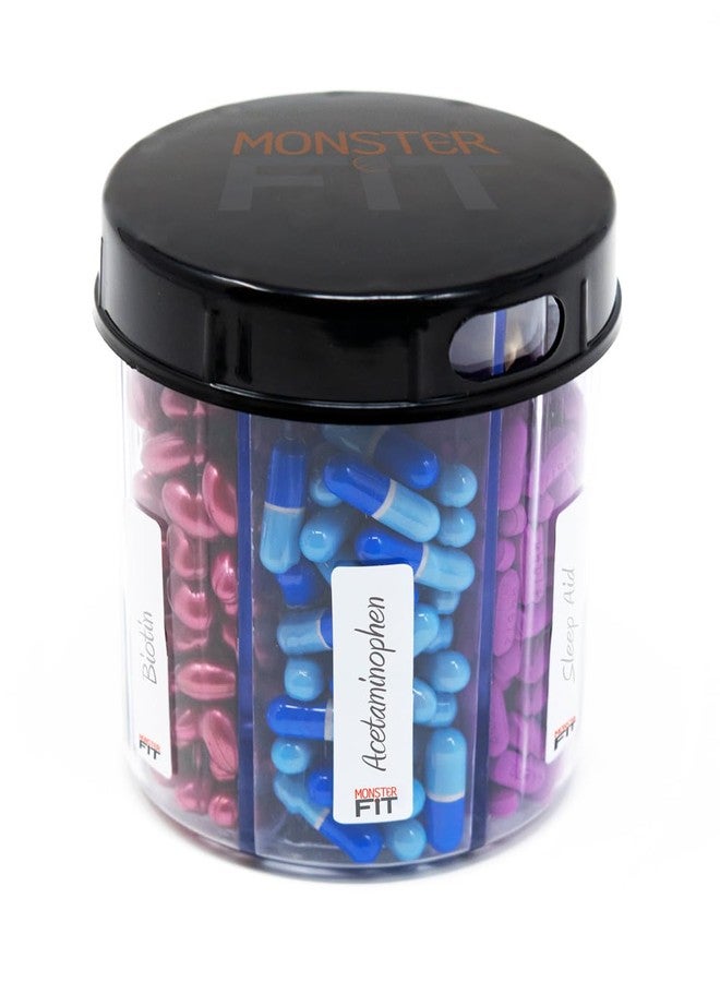 pill thing زجاجة توزيع حبوب المكملات الغذائية، 6 أقسام، ملصقات، سهلة الفتح، مانعة للخلط، منظم فيتامينات شهري، حامل أدوية مونستر فيت جونيور (شفاف، صغير) - Image 1